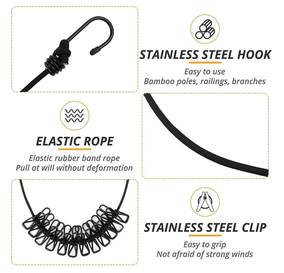 Elastic Clothes Drying Rope with 12 Heavy-Duty Clips & Metal Hooks – Ultra-Stretch, Portable & Travel Essential (Pack of 2)