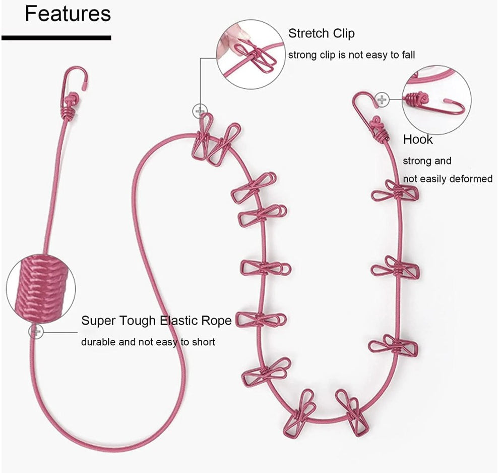 Elastic Clothes Drying Rope with 12 Heavy-Duty Clips & Metal Hooks – Ultra-Stretch, Portable & Travel Essential (Pack of 2)