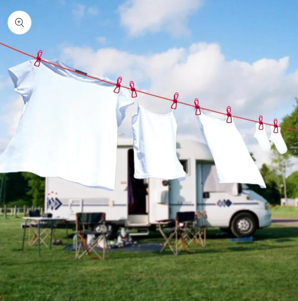 Elastic Clothes Drying Rope with 12 Heavy-Duty Clips & Metal Hooks – Ultra-Stretch, Portable & Travel Essential (Pack of 2)