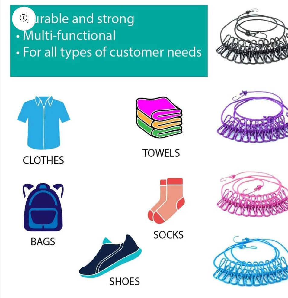 Elastic Clothes Drying Rope with 12 Heavy-Duty Clips & Metal Hooks – Ultra-Stretch, Portable & Travel Essential (Pack of 2)