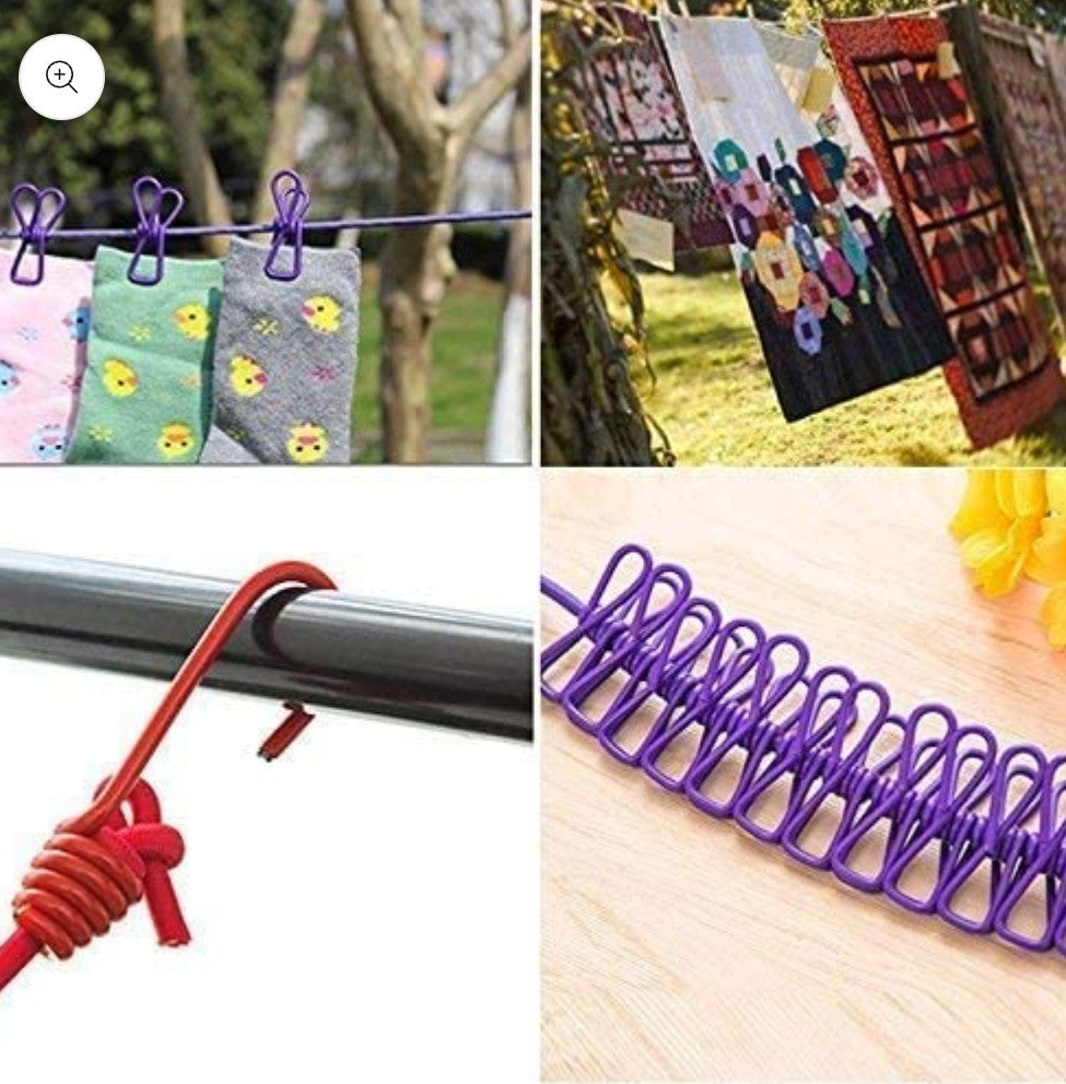 Elastic Clothes Drying Rope with 12 Heavy-Duty Clips & Metal Hooks – Ultra-Stretch, Portable & Travel Essential (Pack of 2)