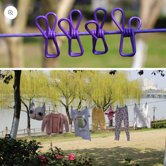 Elastic Clothes Drying Rope with 12 Heavy-Duty Clips & Metal Hooks – Ultra-Stretch, Portable & Travel Essential (Pack of 2)