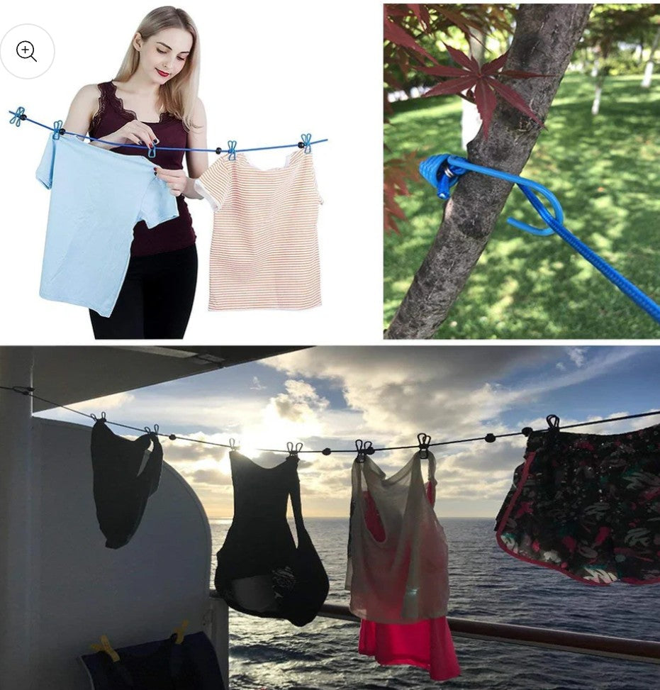 Elastic Clothes Drying Rope with 12 Heavy-Duty Clips & Metal Hooks – Ultra-Stretch, Portable & Travel Essential (Pack of 2)